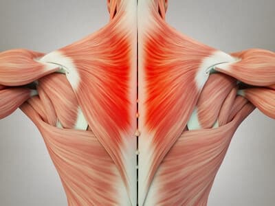 Muscles in the upper back with pain in the middle of the trapezius muscle